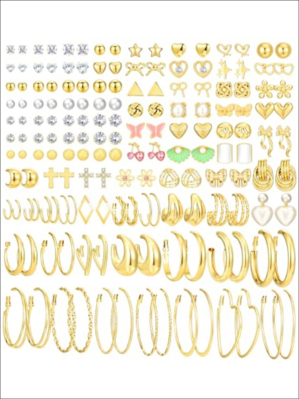 81 Pairs Gold Stud Earrings Set for Women Multipack Pearl Cubic Zirconia